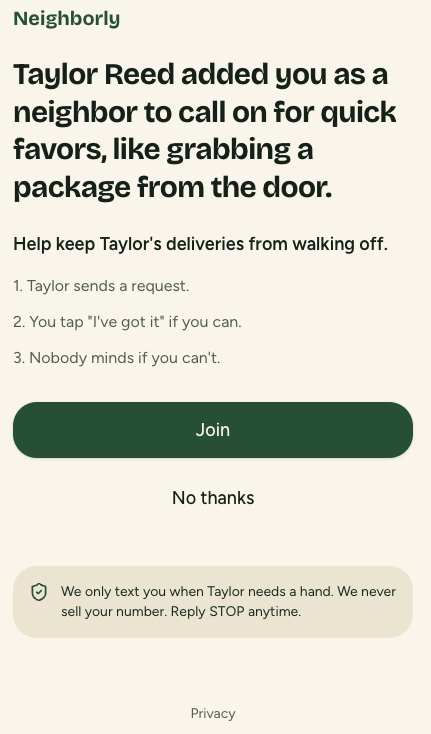 Neighbor Join page with the privacy promise and STOP opt-out wording
