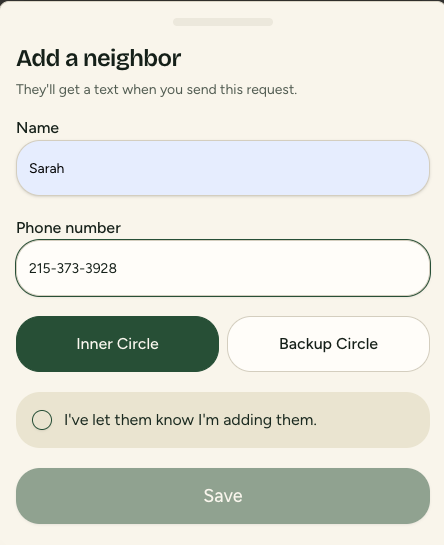 Add a neighbor form with the “I've let them know I'm adding them” checkbox
